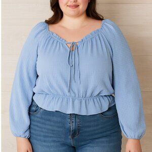 Arula Blue Textured Peasant Blouse Size 1X 14/16 Long Sleeve Boho Top Women’s